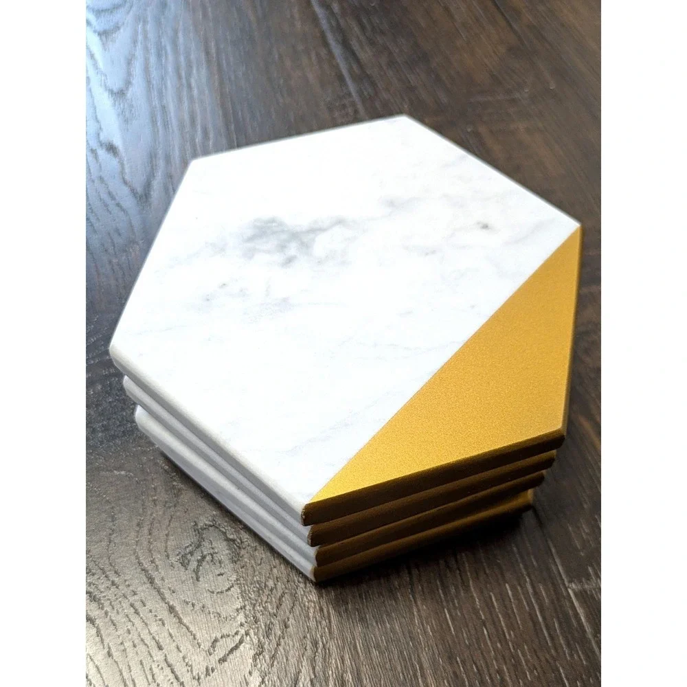 White Marble and Gold Hexagon Coasters Set of 4 Modern Geometric Stone Drinkware